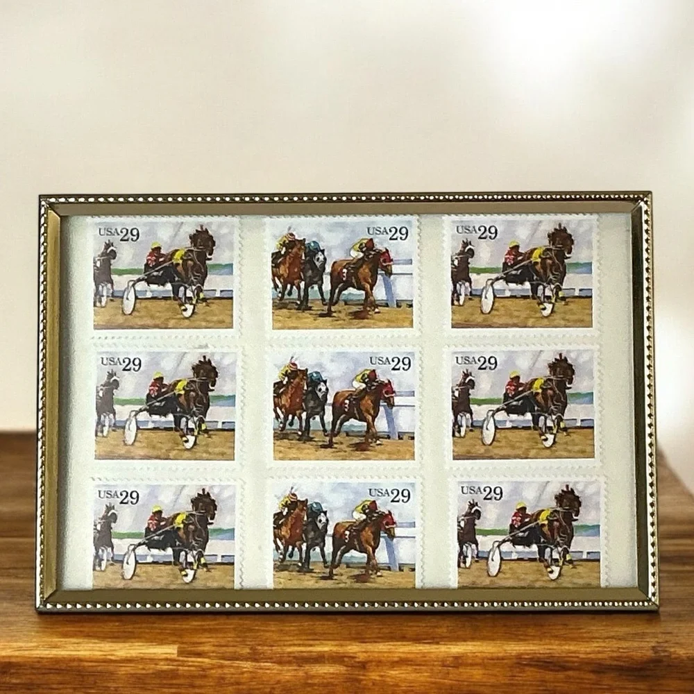 1993 Sporting Horses Harness Racing 29c Stamp Sheet of 9 in Gold Frame Stamp Art